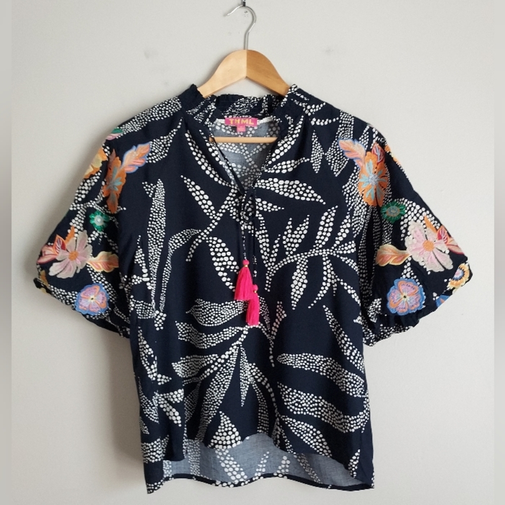 THML Print Embroidered Puff Sleeve Top Popover Blouse Size Small Tassels - Picture 4 of 10